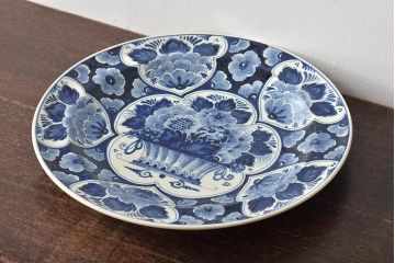 オランダ　DELFT(デルフト)　ブルーハンドペイント　花絵　花籠図　プレート35cm(洋食器、大皿)(R-045724)