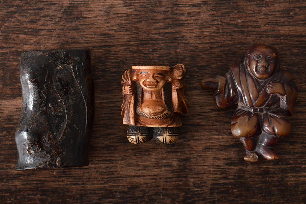 江戸〜明治　古い根付3点(直次、蝉、大黒、彫刻)(R-045735)