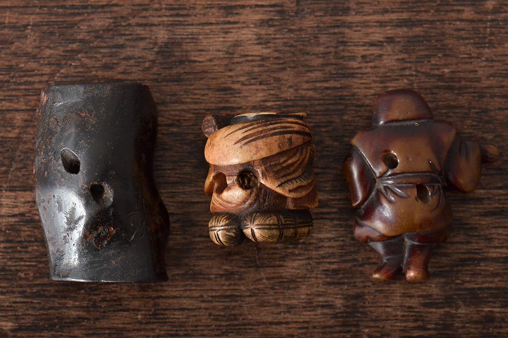 江戸〜明治　古い根付3点(直次、蝉、大黒、彫刻)(R-045735)