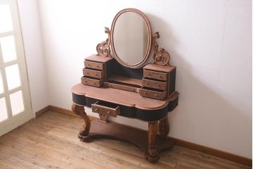 アンティーク家具　フランスアンティーク　ストリップド(剥離)　マホガニー材　迫力満点!凝った作りで存在感抜群のキャスター付きドレッサー(鏡台)(R-045742)