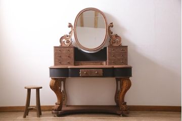 アンティーク家具　フランスアンティーク　ストリップド(剥離)　マホガニー材　迫力満点!凝った作りで存在感抜群のキャスター付きドレッサー(鏡台)(R-045742)