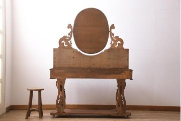 アンティーク家具　フランスアンティーク　ストリップド(剥離)　マホガニー材　迫力満点!凝った作りで存在感抜群のキャスター付きドレッサー(鏡台)(R-045742)