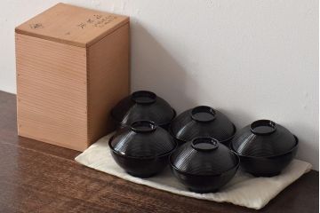 初瀬川柳庵　糸目黒塗　切箔絵　木製　吸物椀5客(漆器)(R-045754)