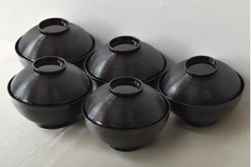 初瀬川柳庵　糸目黒塗　切箔絵　木製　吸物椀5客(漆器)(R-045754)