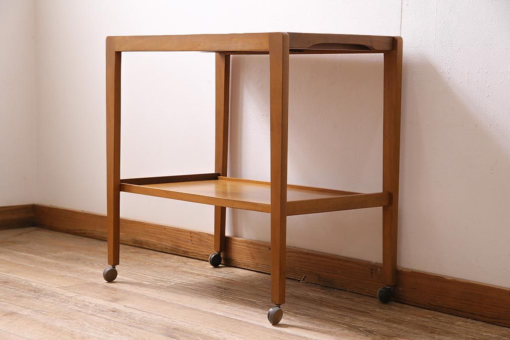 ヴィンテージ家具　北欧ビンテージ　チーク材　天板がお盆にもなるキッチンワゴン(キッチンラック、トロリー、サイドテーブル)(R-045773)
