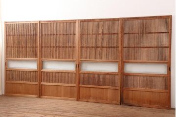 アンティーク建具　昭和中期　裏障子付き　和風スタイルにおすすめな帯格子戸4枚セット(障子戸、引き戸、建具)(R-045838)