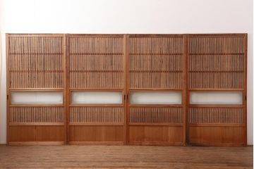 アンティーク建具　昭和中期　裏障子付き　和風スタイルにおすすめな帯格子戸4枚セット(障子戸、引き戸、建具)(R-045838)