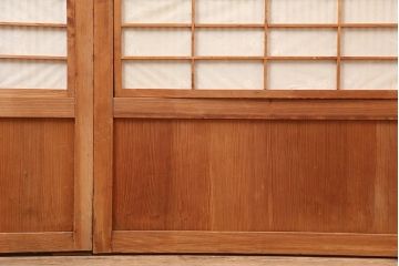 アンティーク建具　昭和中期　裏障子付き　和風スタイルにおすすめな帯格子戸4枚セット(障子戸、引き戸、建具)(R-045838)