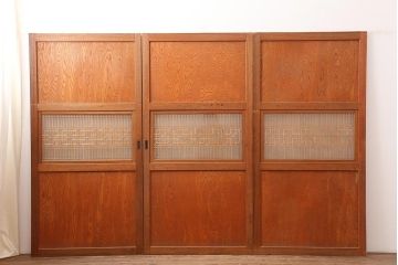 アンティーク建具　昭和中期　鏡板合板　和モダンな空間におすすめの組子帯戸3枚セット(引き戸、ガラス帯戸)(R-045840)