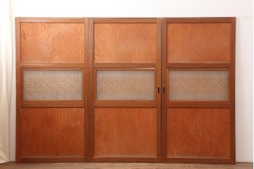 アンティーク建具　昭和中期　鏡板合板　和モダンな空間におすすめの組子帯戸3枚セット(引き戸、ガラス帯戸)(R-045840)