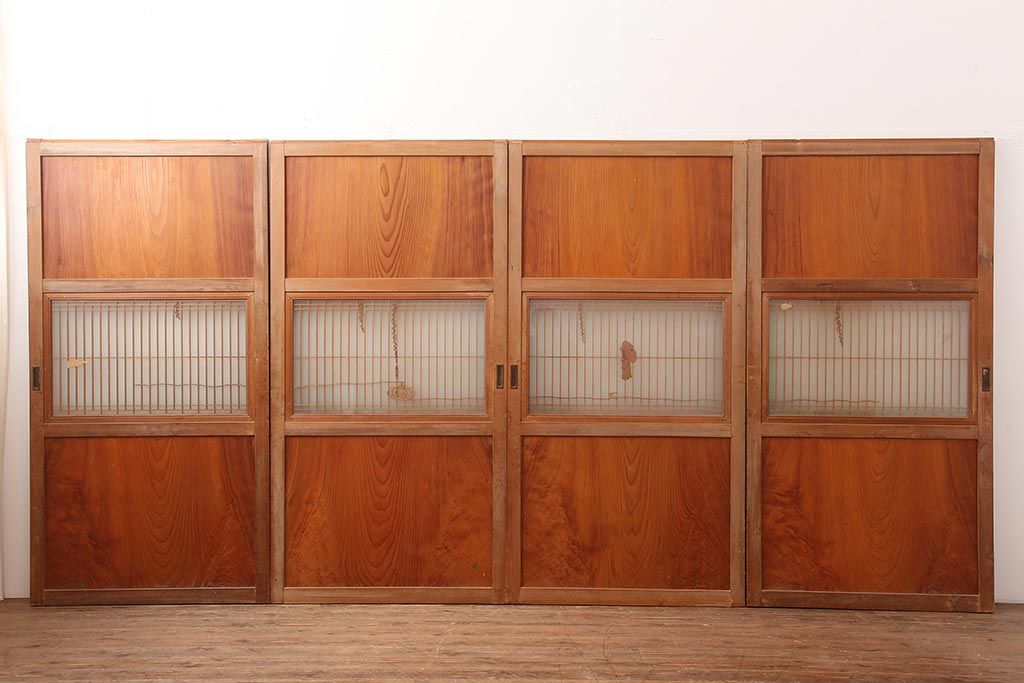 レトロ建具　昭和中期　鏡板一枚板　風情が感じられる組子帯戸4枚セット(引き戸、帯戸)(R-045841)