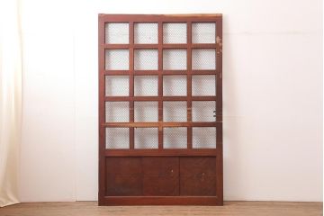 アンティーク建具　大正期　総ケヤキ材　亀甲金網　和の風格漂う蔵戸(きつね格子、狐格子、引き戸、建具、玄関戸、格子戸、マス目、升目)(R-045844)