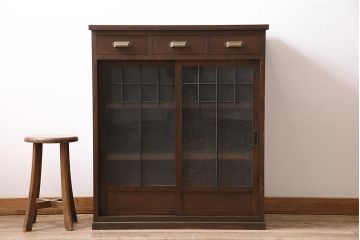 ラフジュ工房オリジナル　古建具リメイク　結霜ガラス　レトロな雰囲気を高める戸棚(収納棚、食器棚、キャビネット)(R-045850)