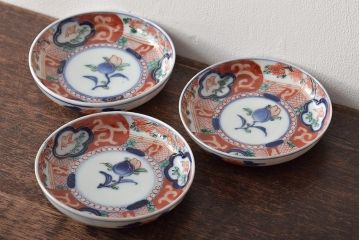江戸期　古伊万里　花鳥図　色絵小皿3枚セット(R-045936)