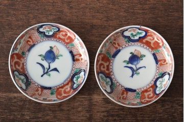 江戸期　古伊万里　花鳥図　色絵小皿2枚セット(R-045937)