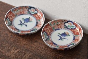 江戸期　古伊万里　花鳥図　色絵小皿2枚セット(R-045937)