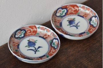 江戸期　古伊万里　花鳥図　色絵小皿2枚セット(R-045937)