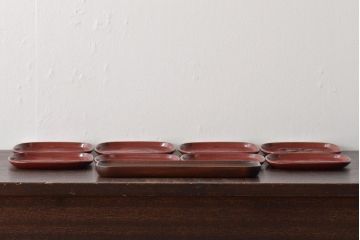 鎌倉彫木製銘々皿8枚　大阪屋軽井沢彫トレー(長皿、在銘)(R-045966)