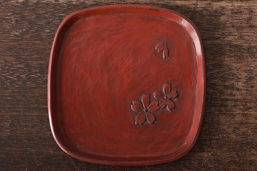 鎌倉彫木製銘々皿8枚　大阪屋軽井沢彫トレー(長皿、在銘)(R-045966)