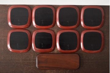 鎌倉彫木製銘々皿8枚　大阪屋軽井沢彫トレー(長皿、在銘)(R-045966)