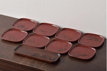 鎌倉彫木製銘々皿8枚　大阪屋軽井沢彫トレー(長皿、在銘)(R-045966)