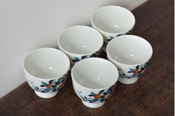 北峯　梅の図色絵　猪口5客セット(杯、盃、酒器、和食器)(R-045971)