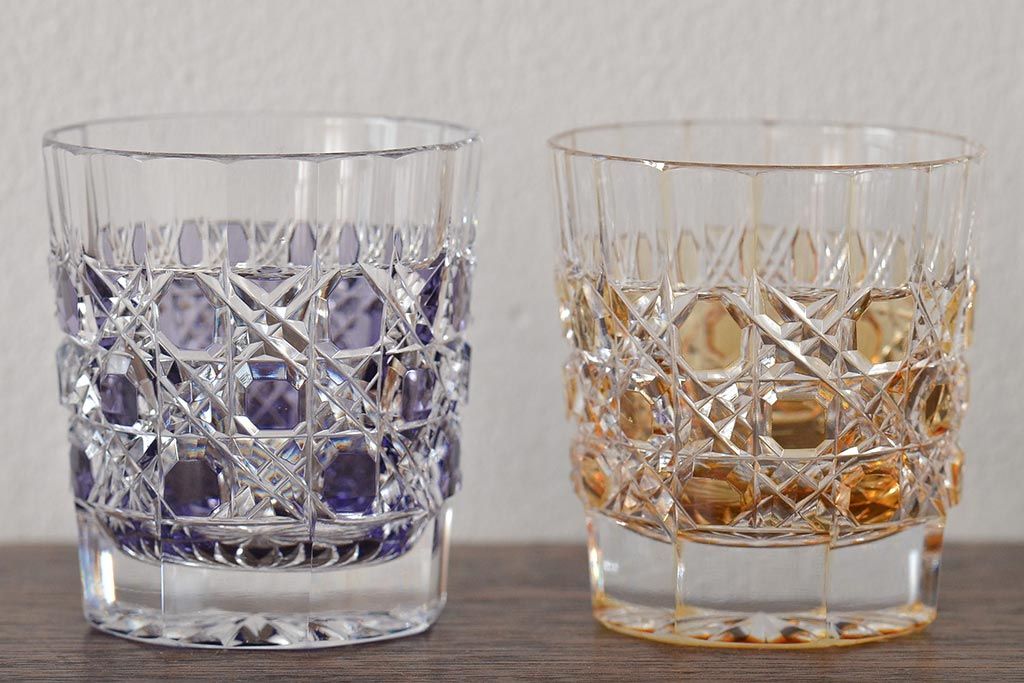 切子　赤紫黄色　グラス4客セット(タンブラー、コップ、盃、工芸ガラス、硝子)(R-045975)