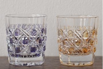 切子　赤紫黄色　グラス4客セット(タンブラー、コップ、盃、工芸ガラス、硝子)(R-045975)