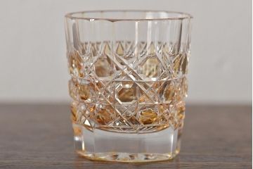 切子　赤紫黄色　グラス4客セット(タンブラー、コップ、盃、工芸ガラス、硝子)(R-045975)