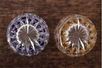 切子　赤紫黄色　グラス4客セット(タンブラー、コップ、盃、工芸ガラス、硝子)(R-045975)