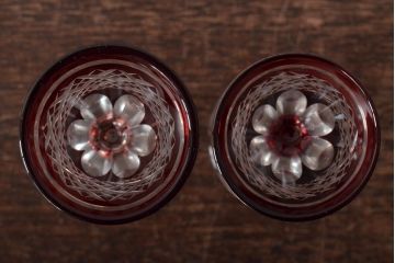 切子　赤紫黄色　グラス4客セット(タンブラー、コップ、盃、工芸ガラス、硝子)(R-045975)