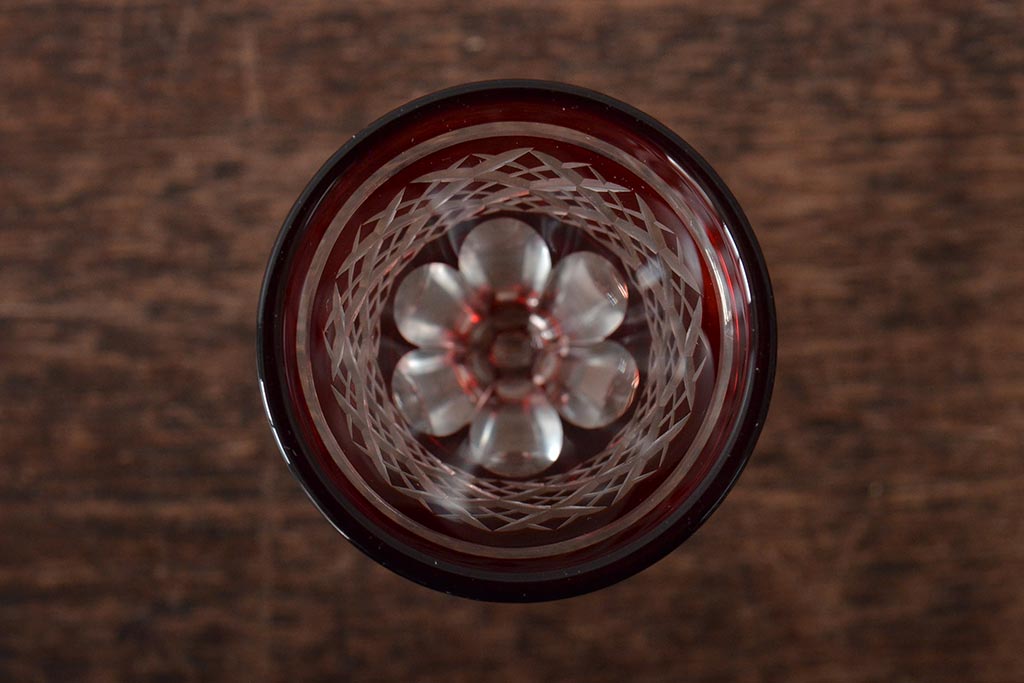 切子　赤紫黄色　グラス4客セット(タンブラー、コップ、盃、工芸ガラス、硝子)(R-045975)