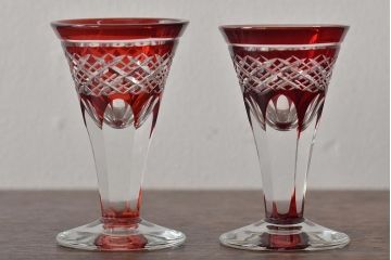 切子　赤紫黄色　グラス4客セット(タンブラー、コップ、盃、工芸ガラス、硝子)(R-045975)