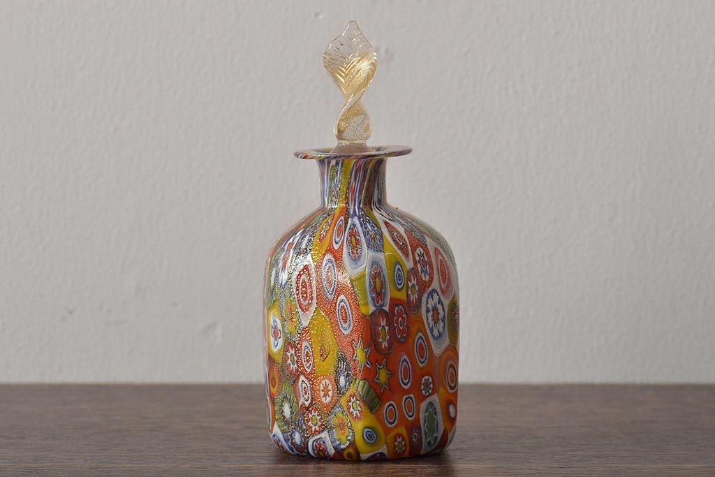 ムラーノ ガラス 金彩 オレンジ ミルフィオリ 蓋付き 香水瓶 高さ約13cm ムラーノ ガラス 金彩 オレンジ ミルフィオリ 蓋付き 香水瓶 高