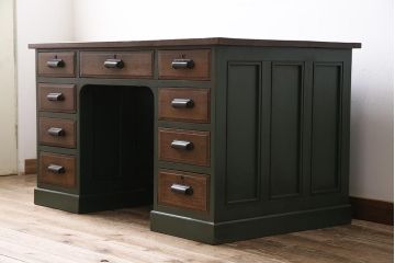 アンティーク家具　ペイント　ナラ材　緑のペイントが魅力の両袖デスク(ワークデスク、両袖机、在宅ワーク、在宅用勉強机)(R-045981)