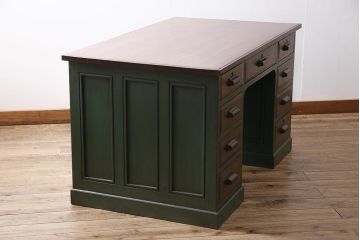 アンティーク家具　ペイント　ナラ材　緑のペイントが魅力の両袖デスク(ワークデスク、両袖机、在宅ワーク、在宅用勉強机)(R-045981)