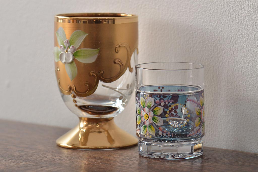 ベネチアンガラス　ムラノ　金彩グラス　花図グラス　2点セット(コップ、タンブラー)(R-045995)