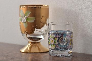 ベネチアンガラス　ムラノ　金彩グラス　花図グラス　2点セット(コップ、タンブラー)(R-045995)