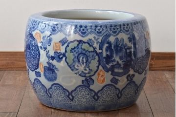 アンティーク雑貨　大正〜昭和初期　宝尽しの図　瀬戸火鉢(鉢カバー)(R-045996)