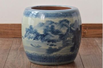 アンティーク雑貨　大正〜昭和初期　山水・風景の図　瀬戸火鉢(鉢カバー)(R-045997)