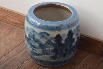 アンティーク雑貨　大正〜昭和初期　山水・風景の図　瀬戸火鉢(鉢カバー)(R-045997)