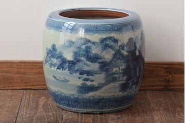 アンティーク雑貨　大正〜昭和初期　山水・風景の図　瀬戸火鉢(鉢カバー)(R-045997)