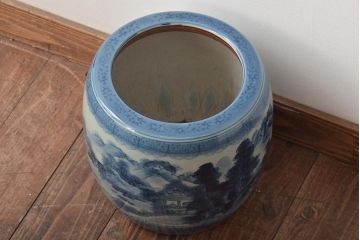 アンティーク雑貨　大正〜昭和初期　山水・風景の図　瀬戸火鉢(鉢カバー)(R-045997)