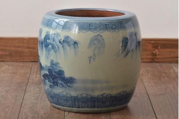 アンティーク雑貨　大正〜昭和初期　山水・風景の図　瀬戸火鉢(鉢カバー)(R-045997)