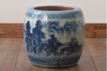 アンティーク雑貨　大正〜昭和初期　山水・風景の図　瀬戸火鉢(鉢カバー)(R-045997)