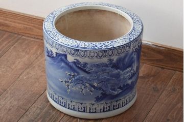 アンティーク雑貨　大正〜昭和初期　松・花・風景の図　瀬戸火鉢(鉢カバー)(R-045998)