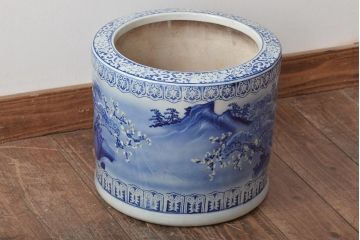 アンティーク雑貨　大正〜昭和初期　松・花・風景の図　瀬戸火鉢(鉢カバー)(R-045998)