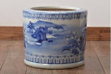 アンティーク雑貨　大正〜昭和初期　松・花・風景の図　瀬戸火鉢(鉢カバー)(R-045999)