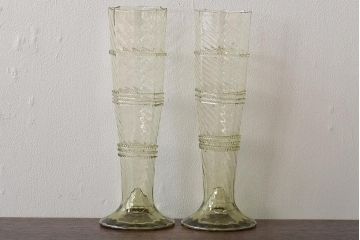 イタリア　ベネチアンガラス　八角形　グリーン　緑　グラス2客セット(コップ、ペアグラス、ヴェネチアングラス)(R-046002)