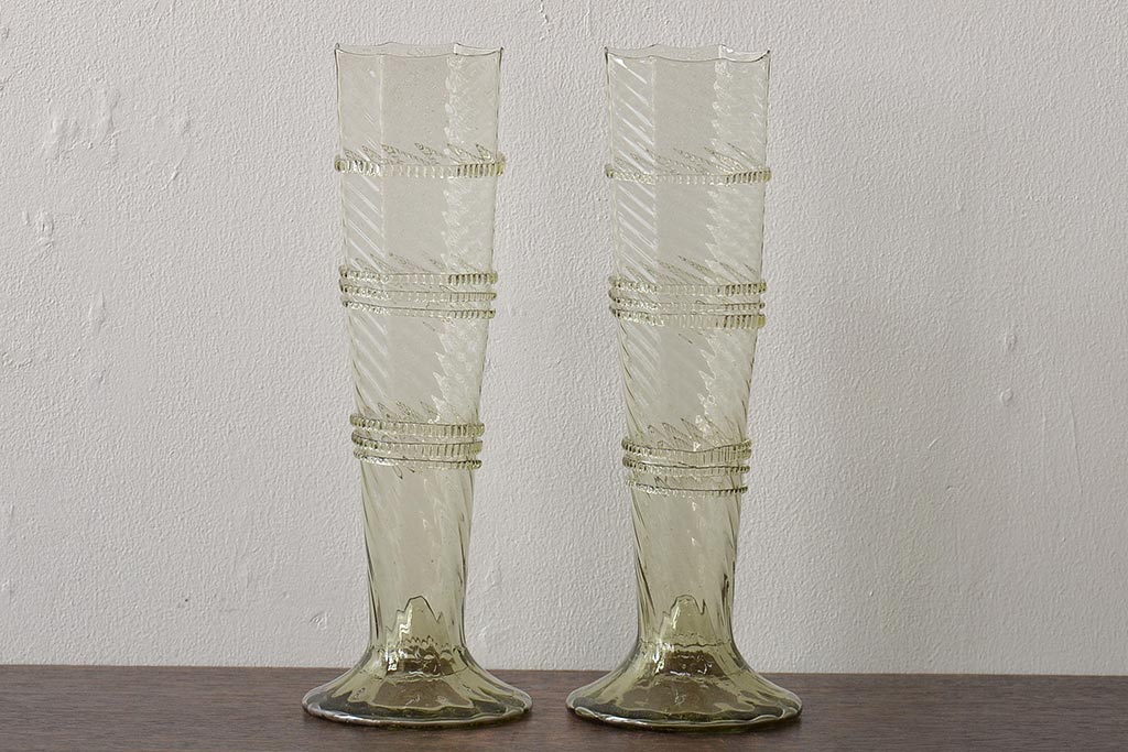 イタリア　ベネチアンガラス　八角形　グリーン　緑　グラス2客セット(コップ、ペアグラス、ヴェネチアングラス)(R-046003)